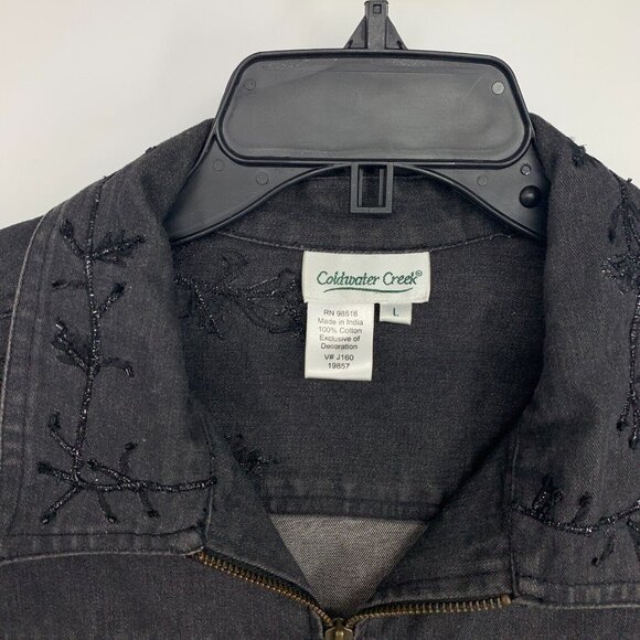 Coldwater Creek Jacket Gray Denim Embroidered Floral Zip Front - Picture 2 of 8